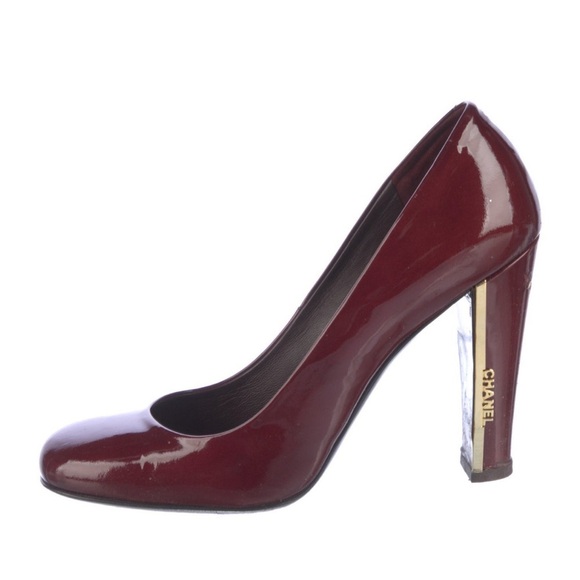 Chanel Pumps Burgundy Wine Patent Leather Logo High Heels Shoes Square Toe 38 8 - Picture 2 of 5